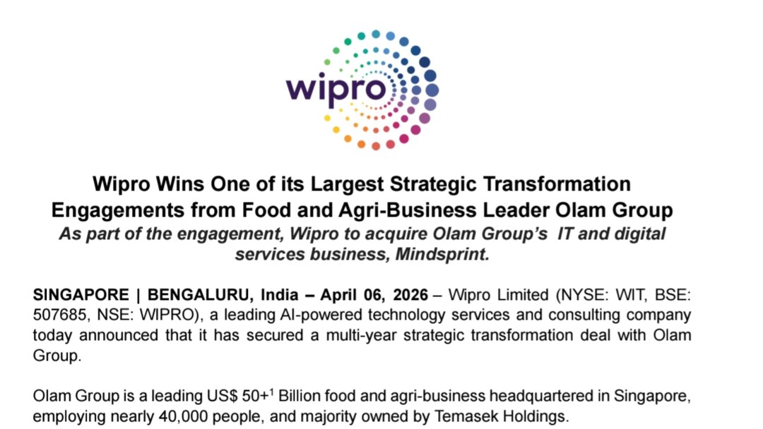 sai_ishwarb's tweet photo. 🚨🚨🚨- #Wipro wins $1 bln deal from Temasek-backed agri biz firm #Olam Group. The 8-yr #IT deal will have committed spends of $800 million and also include takeover of inhouse IT arm #Mindsprint and its 3,200 employees. Deal to be completed by Q1FY27 #software #WIT https://t.co/LVYh41ayii