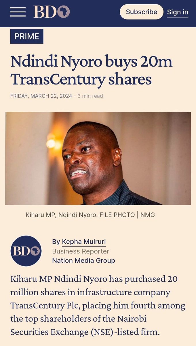 kahome_steve's tweet photo. For those rushing to buy KQ shares just because Ndindi Nyoro bought…how much did he make with his stake at TransCentury? https://t.co/fFTjWdOmbC