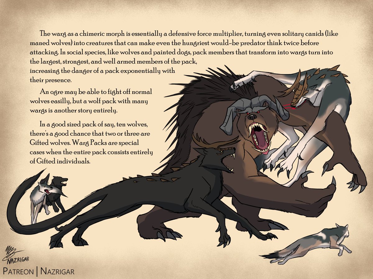 A3Dnazrigar's tweet image. Beast Fables - Wargs Pt. 1

Finally getting to reveal the wargs of Urvara, which are the chimeras of all canids, from wolf to painted hounds. They help make a normal pack into a unit to be reckoned with.

#worldbuilding #fantasyart #creaturedesign