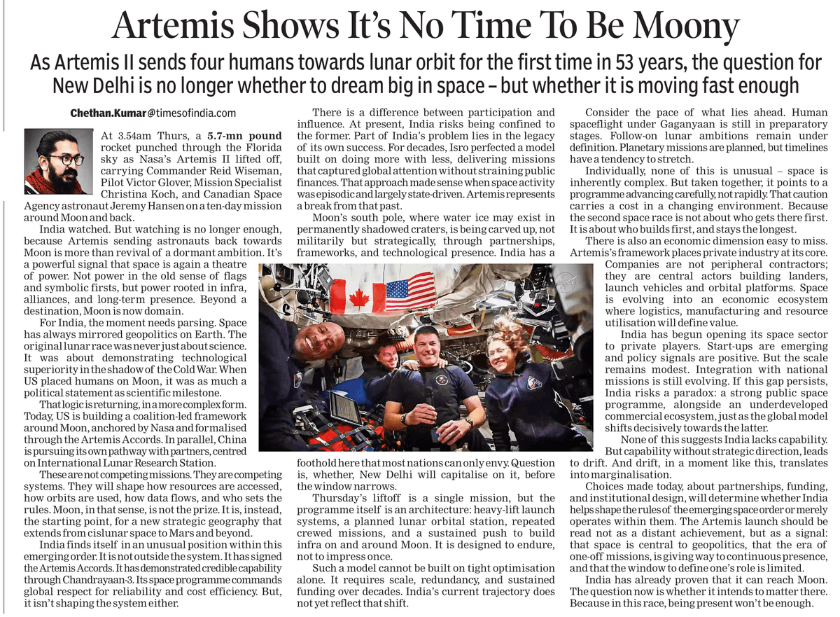 Chethan_Dash's tweet photo. #Space #Moon #India

#Artemis is more than returning to #Moon. Rules, resources, long-term presence are now in play. India has engineered its way to Moon, but the question is whether it can cement its place there!  Engineering alone — even which is ailing — won't cut it! https://t.co/YANOyAqZ72
