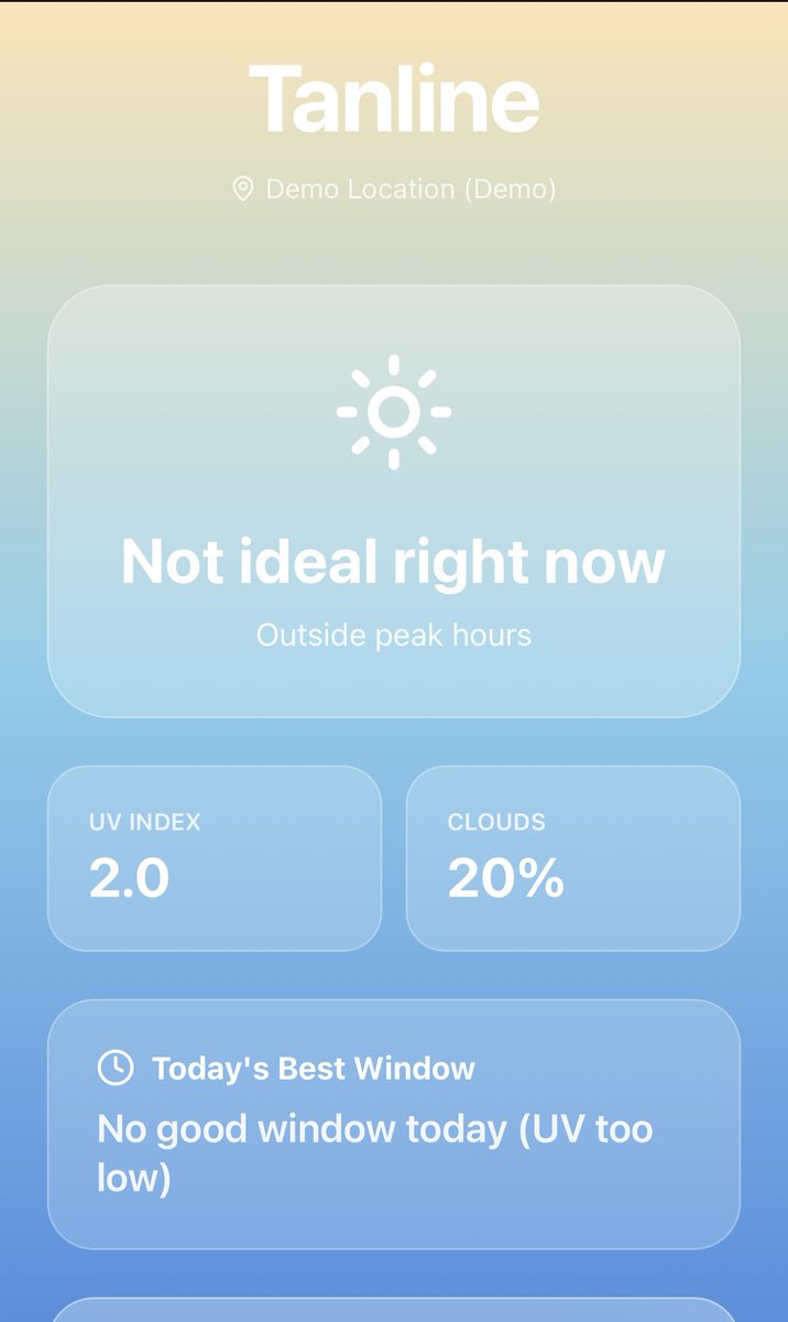 michaelchase's tweet photo. My submission for @anything’s  Nonchalant Hackathon. 
I was at the beach, thought of Tanline, and built it right there with Anything over iMessage.
It helps you know the best time to tan based on UV, weather, and time of day. https://t.co/nRh6a0PXEG