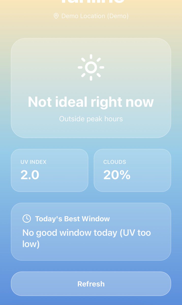 michaelchase's tweet photo. My submission for @anything’s  Nonchalant Hackathon. 
I was at the beach, thought of Tanline, and built it right there with Anything over iMessage.
It helps you know the best time to tan based on UV, weather, and time of day. https://t.co/nRh6a0PXEG
