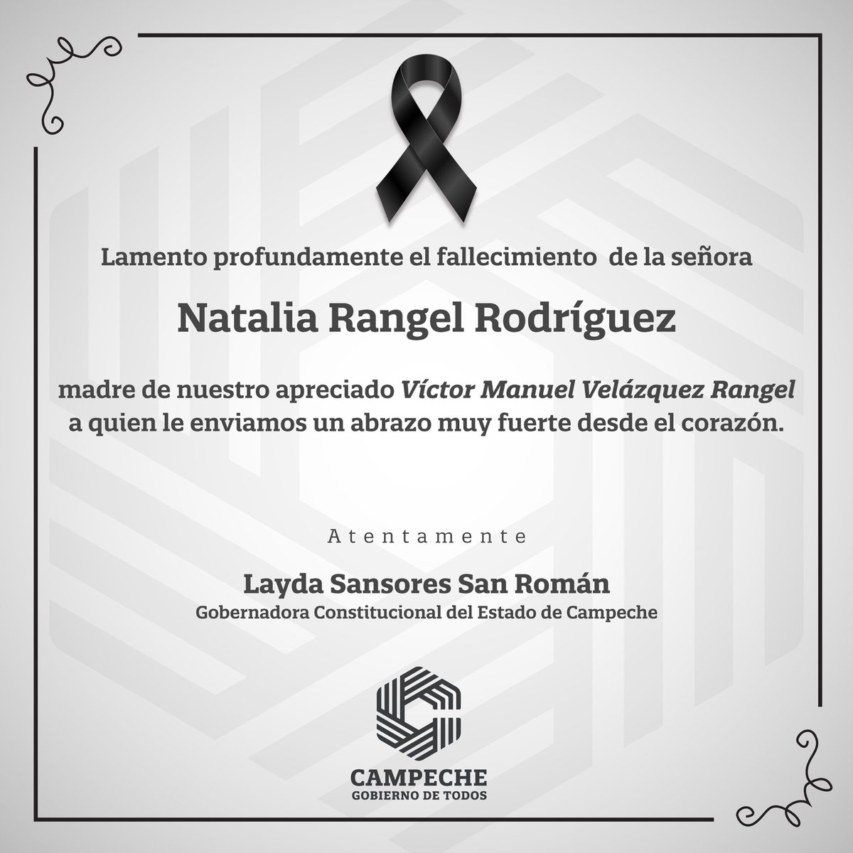 Con profundo pesar, envío mis condolencias al Ing. <a href="/Victor_VelRan/">Víctor Velázquez</a> por el sensible fallecimiento de su madre, Natalia Rangel. Abrazo con cariño y solidaridad a su familia y seres queridos en este difícil momento. Descanse en paz.