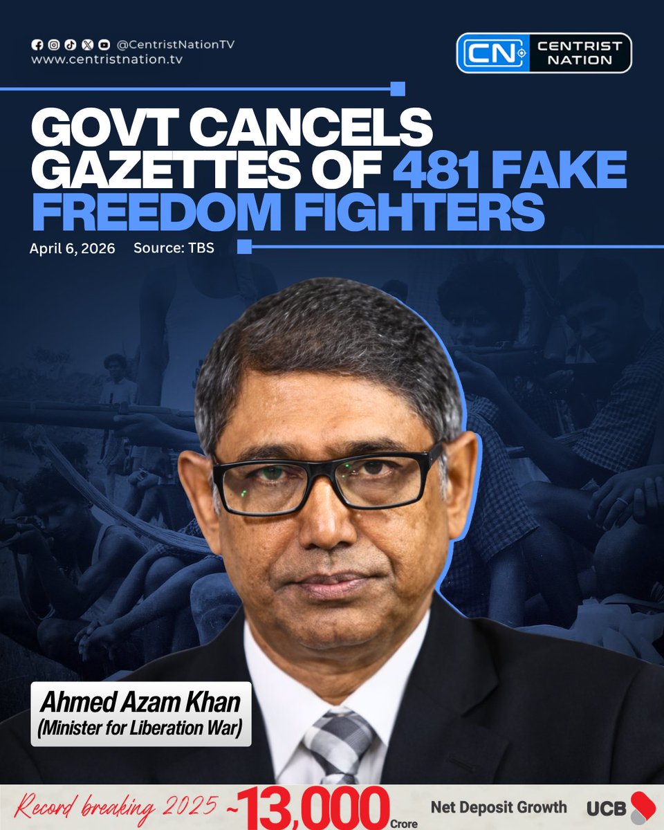 The Ministry of Liberation War Affairs, led by Ahmed Azam Khan, has announced the cancellation of the gazettes of 481 fake freedom fighters after nationwide investigation and verification, conducted from August 2024 to March 2026

#LiberationWar1971 #centristnation