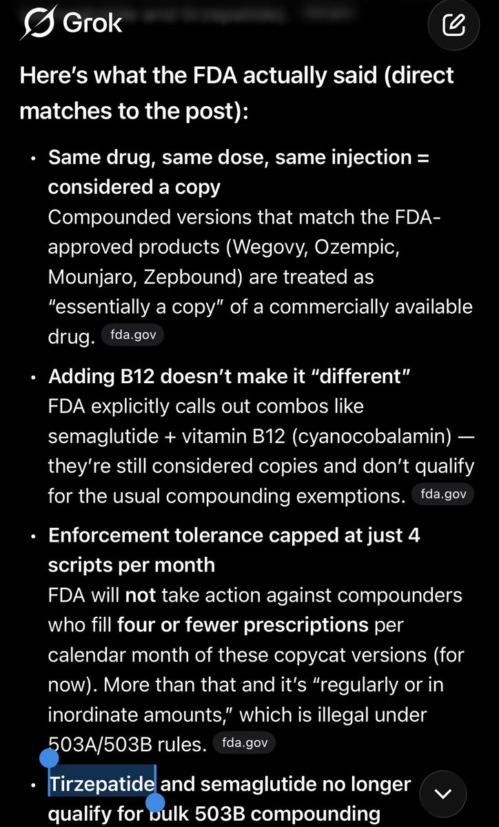 theandyjang's tweet photo. @gregogallagher @barbull_ Really? Not according to Grok Thinking, Tirzepatide is also included in there as part of the ban. I hope I’m wrong though. https://t.co/c62OHOPdlt