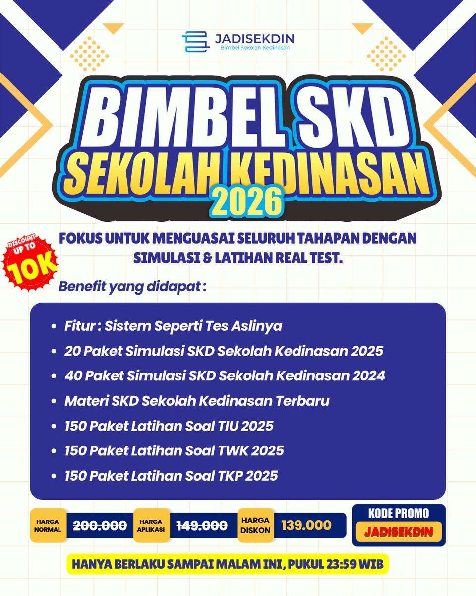 scoupsold's tweet photo. Dapatkan akses ke ribuan soal Tes Sekolah Kedinasan di JADI SEKDIN
Kode Diskon Affiliate JADISEKDIN :
— KEJARPELUANG
Kode Diskon Tambahan JADISEKDIN :
— LOLOSSEKDIN
— BIMBELSEKDIN
— JADISEKDIN

t. skd twk tiu tkp stan IPDN stin STIS poltekip poltekim catar taruna taruni https://t.co/DtulZCfvsu