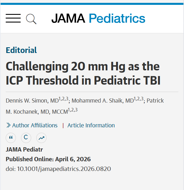 JAMAPediatrics's tweet image. 💬 Editorial: Observational data suggest an ICP threshold around 14-15 mm Hg better predicts outcome than 20 mm Hg in pediatric #TBI, supporting developmentally appropriate management strategies. ja.ma/4c3t0kn