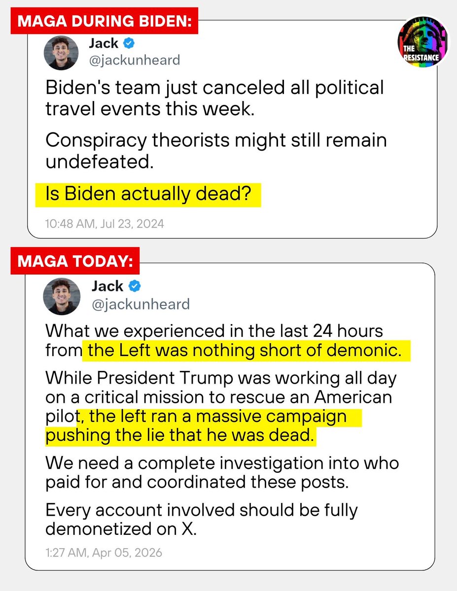 b0mbie's tweet photo. @jackunheard @JoJoFromJerz I bet you’re loving these posts. Silly of you to keep this post up — it’s just the proud reflection of MAGA being willfully ignorant AND hypocritical — two fundamental traits MAGA celebrates. You’re not gonna refute this or explain away the hypocrisy… are you…? Oh well!🤓😘🌈🩵 https://t.co/ckR6Ik3uyv
