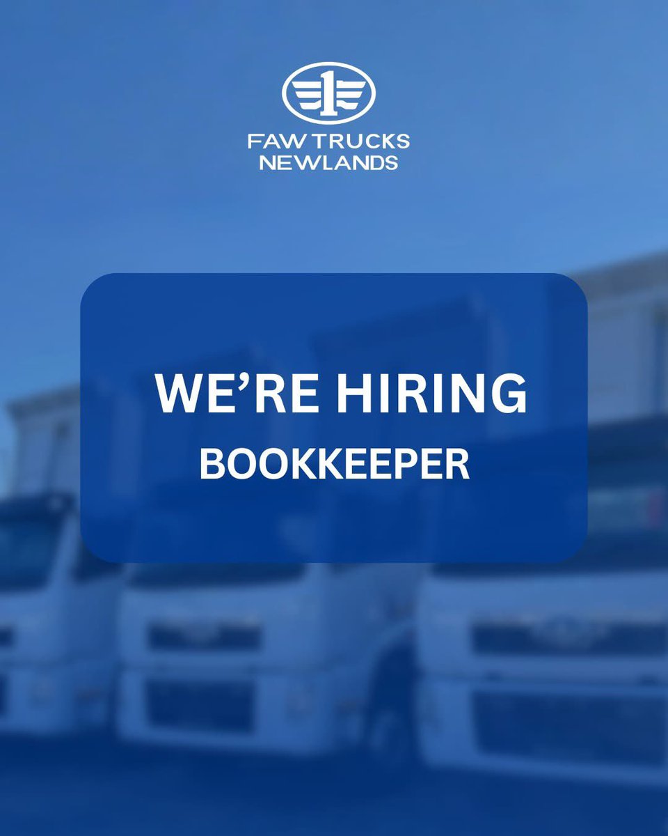 yuthconnect's tweet image. We are looking for a Bookkeeping Pro to join our team! 
📍 Position is based in Newlands, Johannesburg 

📩 Apply Now: Please submit your application, including your resume and a cover letter, to info@fawtrucksnewlands.co.za

#JobAlert #HiringNow #Bookkeeper #JoburgJobOpportunity
