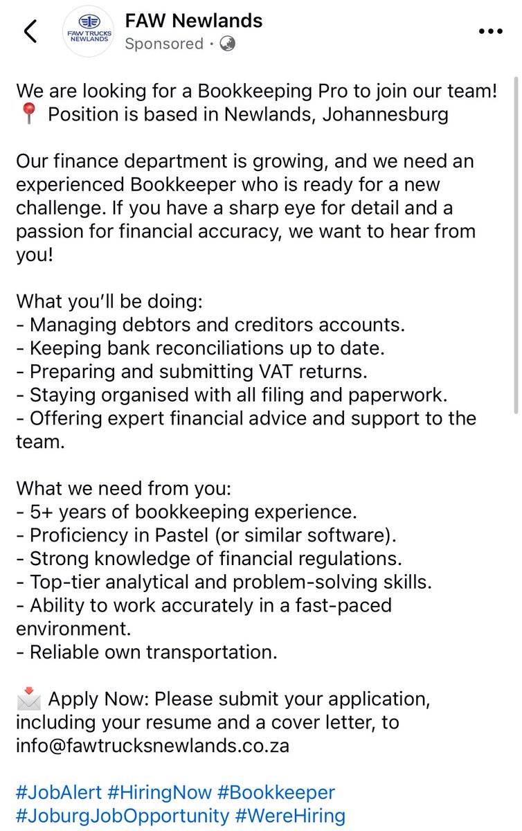 yuthconnect's tweet image. We are looking for a Bookkeeping Pro to join our team! 
📍 Position is based in Newlands, Johannesburg 

📩 Apply Now: Please submit your application, including your resume and a cover letter, to info@fawtrucksnewlands.co.za

#JobAlert #HiringNow #Bookkeeper #JoburgJobOpportunity