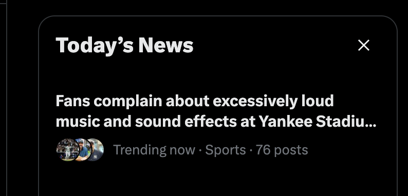 yankeeslite's tweet photo. The top trending story today is fan angst about the Yankee Stadium sound effect machine. 

They're aggressively drowning out the sound of their own fans. https://t.co/le16hvXZCB