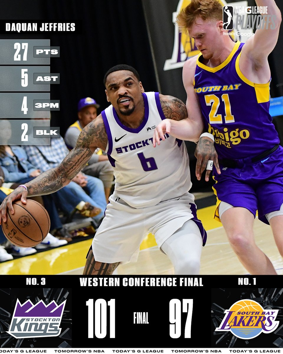 nbagleague's tweet photo. THE KINGS WILL DEFEND THEIR CROWN! 👑 The No. 3 @StocktonKings  return to the NBA G League Finals after a thrilling win over @SouthBayLakers in the Western Conference Final https://t.co/tI7NNf5mER