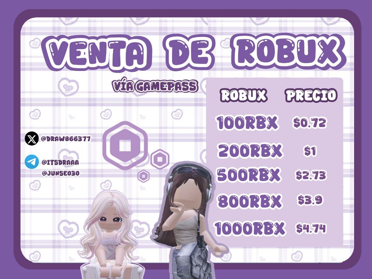 draw866377's tweet photo. ¿Buscas robux a precio accesible para tu avatar, pases de los juegos? Le ofrecemos nuestro servicio⬇️

Métodos de pago:
-Transferencia mx
-Depósito oxxo
-Paypal (+comisión) 
-Binance
-Estrellas de tlg
-Lemon Cash

#robux #roblox #robloxgame
Venta de robux https://t.co/qVGqxiwP69