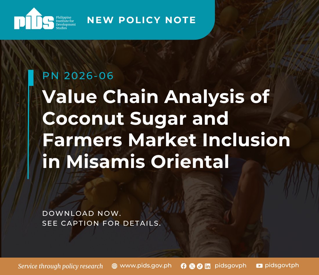 pidsgovph's tweet image. A PIDS Policy Note finds farmers remain in upstream roles, while processing and marketing shape income outcomes.

📖 doi.org/10.62986/pn202…

Comments welcome within 60 days: publications@pids.gov.ph

#AgriculturePH #InclusiveGrowth
