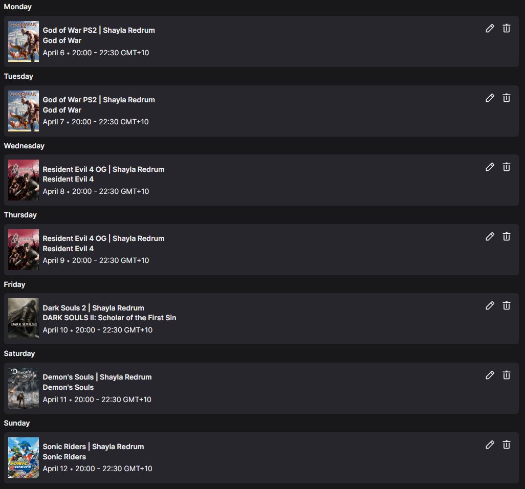 ShaylaRedrum's tweet photo. Stream Schedule! Got God of War to run so I'm starting that today and continuing on with RE4. Also wanted to go back to DS2 and DeS since I haven't beat those yet. Sonic Riders is there because why not. https://t.co/pdU6hkpqqk