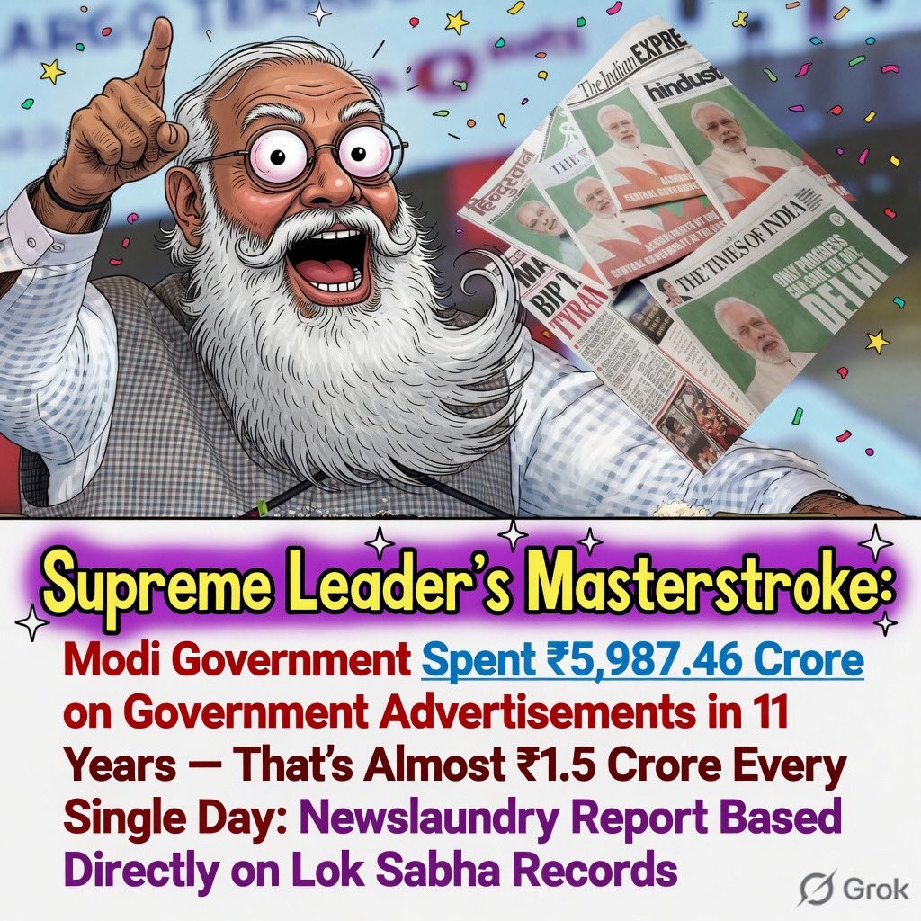 Over the last 11 years, the Supreme Leader of India and his government have spent a staggering 6,000 crores on media advertisements, equating to 1.5 crores per day!

The only reason why the godi-media boot licks its master without asking any genuine questions.

<a href="/newslaundry/">newslaundry</a>