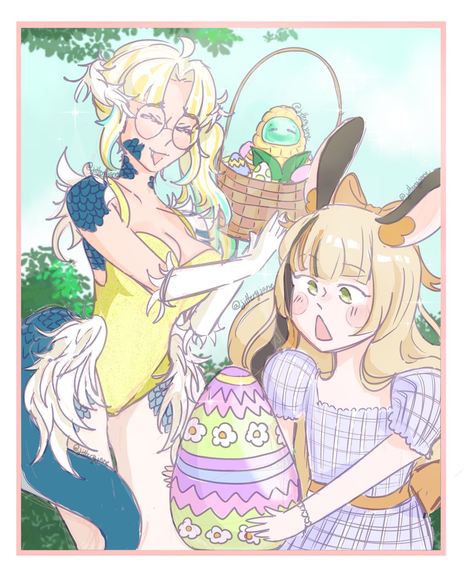 happy easter!! 🐇🌷
- from lottie, cob, &amp; i (´▽`ʃ♡ƪ)

just a colored sketch last minute bc i was stuck in pokopia~ 🧺

⁘ #jitteryart by me