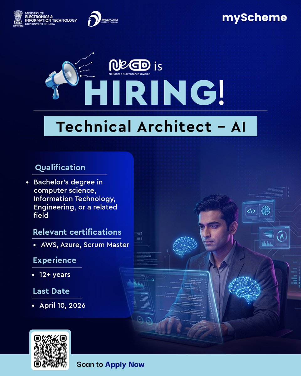 NeGD_GoI's tweet image. We’re Hiring! 🤖
Be a part of India’s digital future with NeGD (National e-Governance Division)!

Position: Technical Architect – AI
Last Date to Apply: 10th April 2026

#DigitalIndia #NeGD #JobOpportunity #ApplyNow
