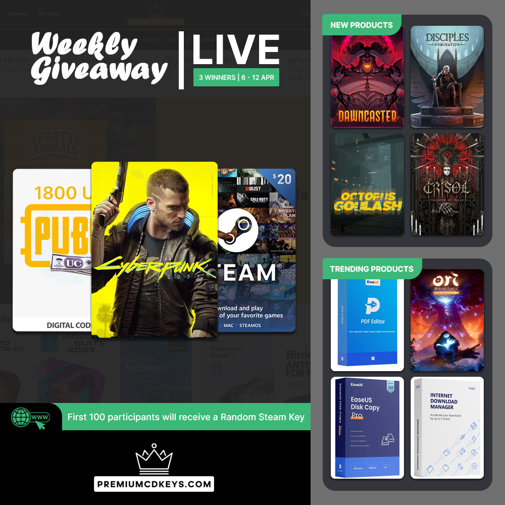 Our Weekly #Giveaway is Live!

Participate for a chance to win Cyberpunk 2077 GOG Game, #Steam $20 USD Gift Card and #PUBG Mobile 1800 UC Gift Card.

To participate visit: premiumcdkeys.com/pages/weekly-g…

#Contest ends on 12 April 2026, 3 Winners will be selected randomly! #Giveaways
