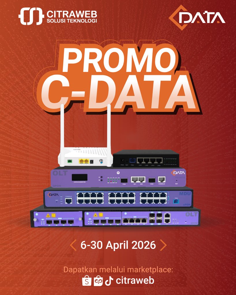 citraweb_com's tweet image. Promo perangkat infrastruktur Fiber Optic dari C-DATA seperti OLT, ONT dan ONU selama periode 🗓6 - 30 April 2026 untuk pembelian perangkat C-DATA &amp;amp; PON Accessories hanya melalui Marketplace toko Citraweb
🛒citraweb.com/shop/

#CDATA #FiberOptic #FiberConnection #Citraweb