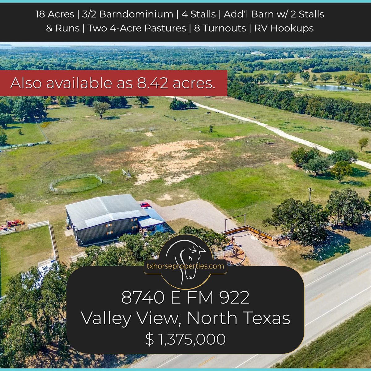 TxHorseProperty's tweet image. VALLEY VIEW, NORTH TEXAS. 8 acs. Remodeled 3/2 barndo w/4 stalls + truck &amp;amp; trailer parking all under one roof. Add’l 2-stall barn w/runs. 2 pastures. 8 turnouts. Pad for arena started. Available as 8.4 acs. $1.37M #txhorseproperties #valleyview #northtexas tinyurl.com/8740ValleyView