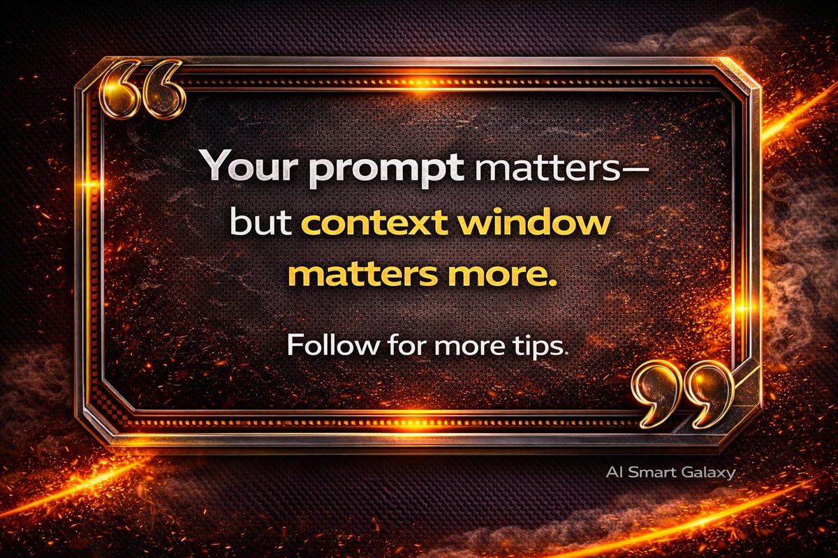 AiSmartGalaxy's tweet photo. AI isn’t dumb…its context window just ran out.

Better AI answers start with a bigger context window.

Your prompt matters-but context window matters more.

#aismartgalaxy #ai #artificialintelligence #machinelearning #chatgpt #aitips #tech #futuretech #ailearning #productivity https://t.co/SFrAMmlHcL