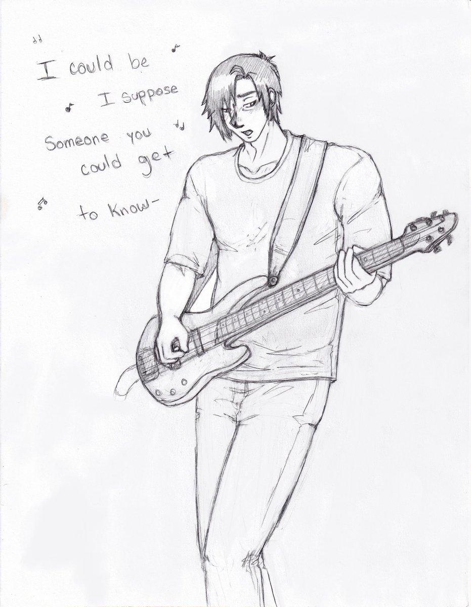Suguluna's tweet photo. Amon getting music stuck in his head. Needing to learn the bassline in secret, hoping no one else was familiar with the song. Indie rock is a bit outside his normal music typing, but the lyrics struck a little too close to home. 
.
#myoc #originalcharacter #traditionalart #cicada https://t.co/NNSSj9x8z2