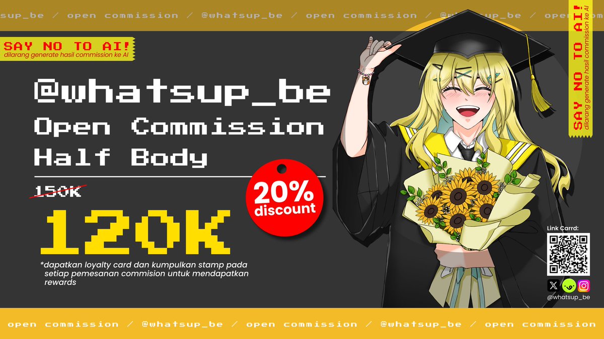 🔴 WHATSUP_BE Commission Open

[ pwease help 🔄❤️ tysm <3 ]

Halo~ Kali ini aku Open Commission khusus LOKAL, dengan Diskon Spesial 20% untuk tier Half Body!

Slot (0/4)

Pastikan untuk membaca Syarat dan Ketentuannya di bawah ⬇️

#artidn #zonakaryaid #opencommissions