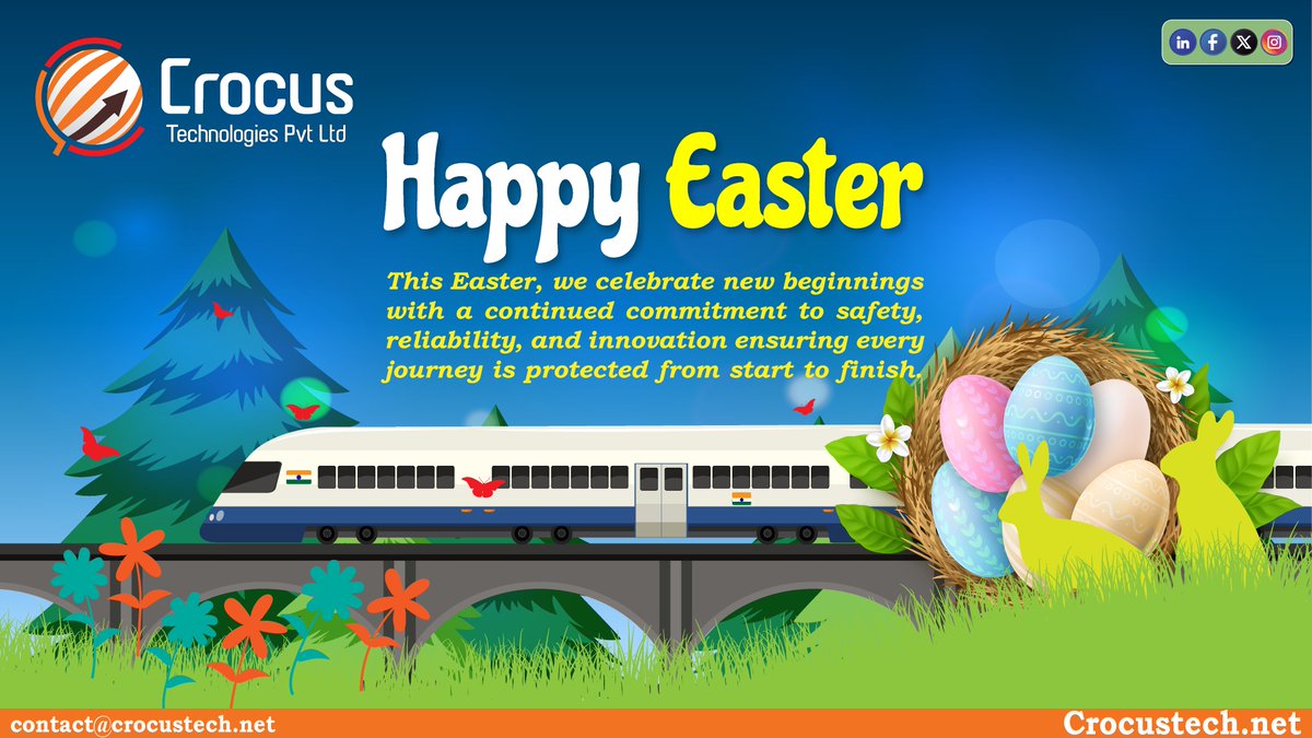 Crocus_tech's tweet photo. Happy Easter! 🐣

A time of hope, renewal, and new beginnings.
At Crocus Technologies Pvt Ltd, we remain committed to ensuring safety in every journey protecting every mile with innovation and trust.
#HappyEaster #Easter2026 #SafetyFirst #RailwaySafety #Innovation2026 https://t.co/2sWjtKnL2L