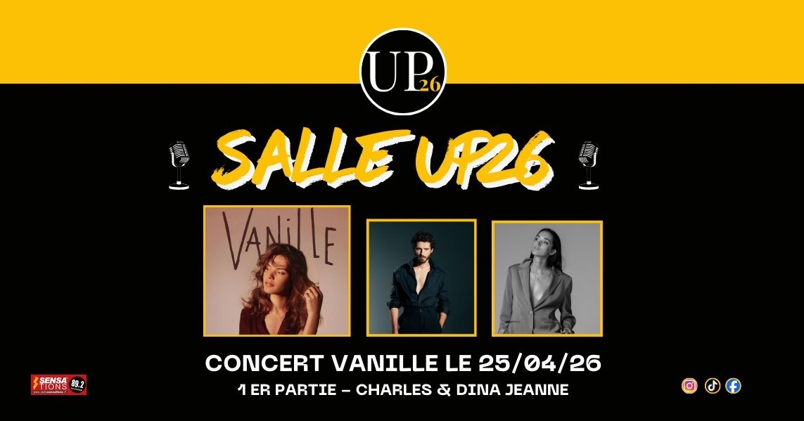 RadioSENSATIONS's tweet image. VANILLE en concert le samedi 25 avril 2026 Salle UP 26 
avec CHARLES &amp;amp; DINA JEANNE en 1ère partie. 

La SALLE #UP26 invite trois artistes de la scène chanson française qui ont en commun d'ouvrir des portes sur l'intime.  

INFOS sur #RadioSensations &amp;gt; buff.ly/CuOvXdQ