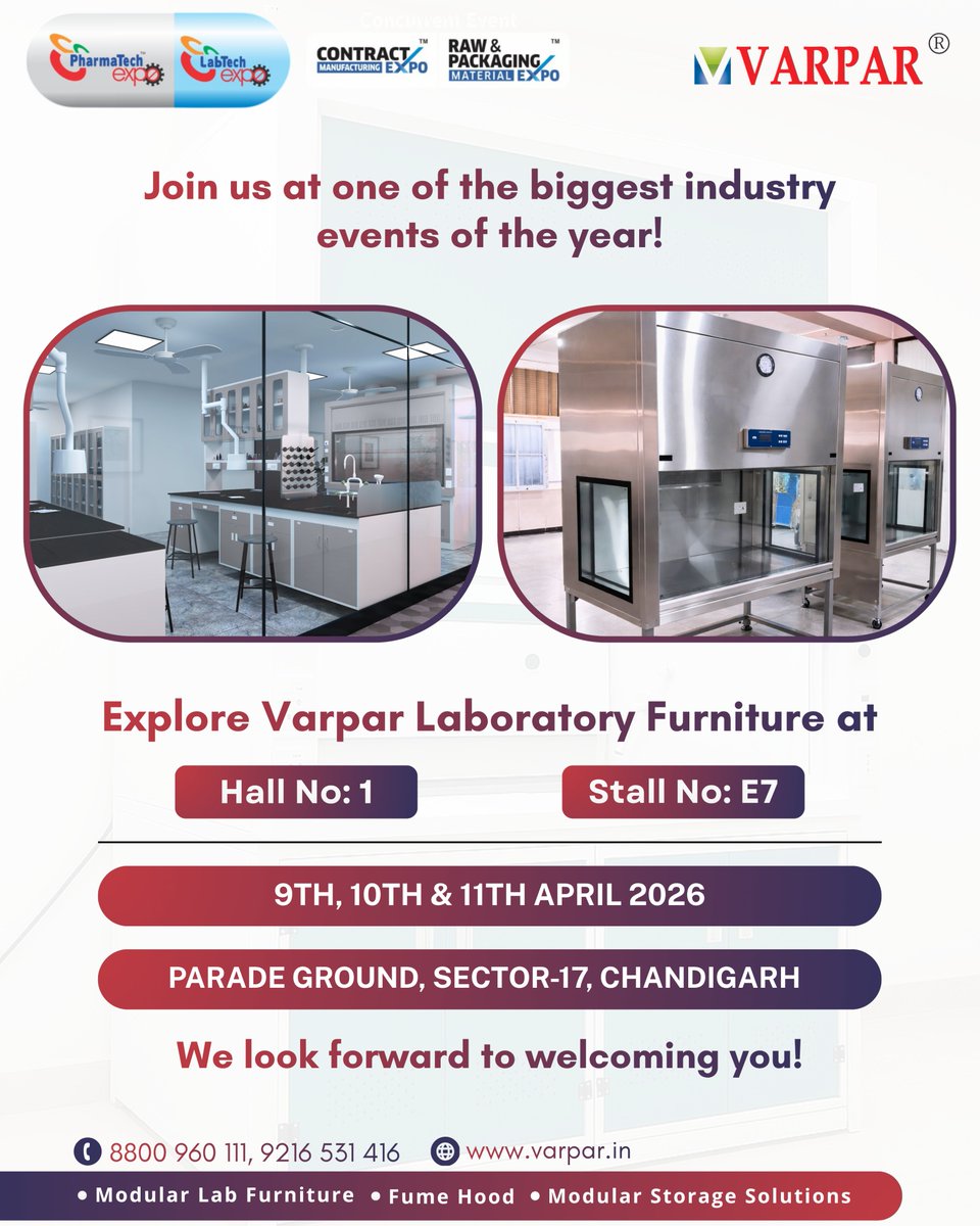 VarparFurniture's tweet photo. We look forward to welcoming you!
📞 8800 960 111 / 9216 531 416
🌐 https://t.co/fRxaiy16K9

#PharmaExpo #LabTechExpo #Varpar #LabFurniture #ModularLabs #FumeHood #LabSolutions #ChandigarhEvents #IndustrialExpo #PharmaIndustry #Exhibition2026 #BusinessNetworking https://t.co/GAgfl1ouHH