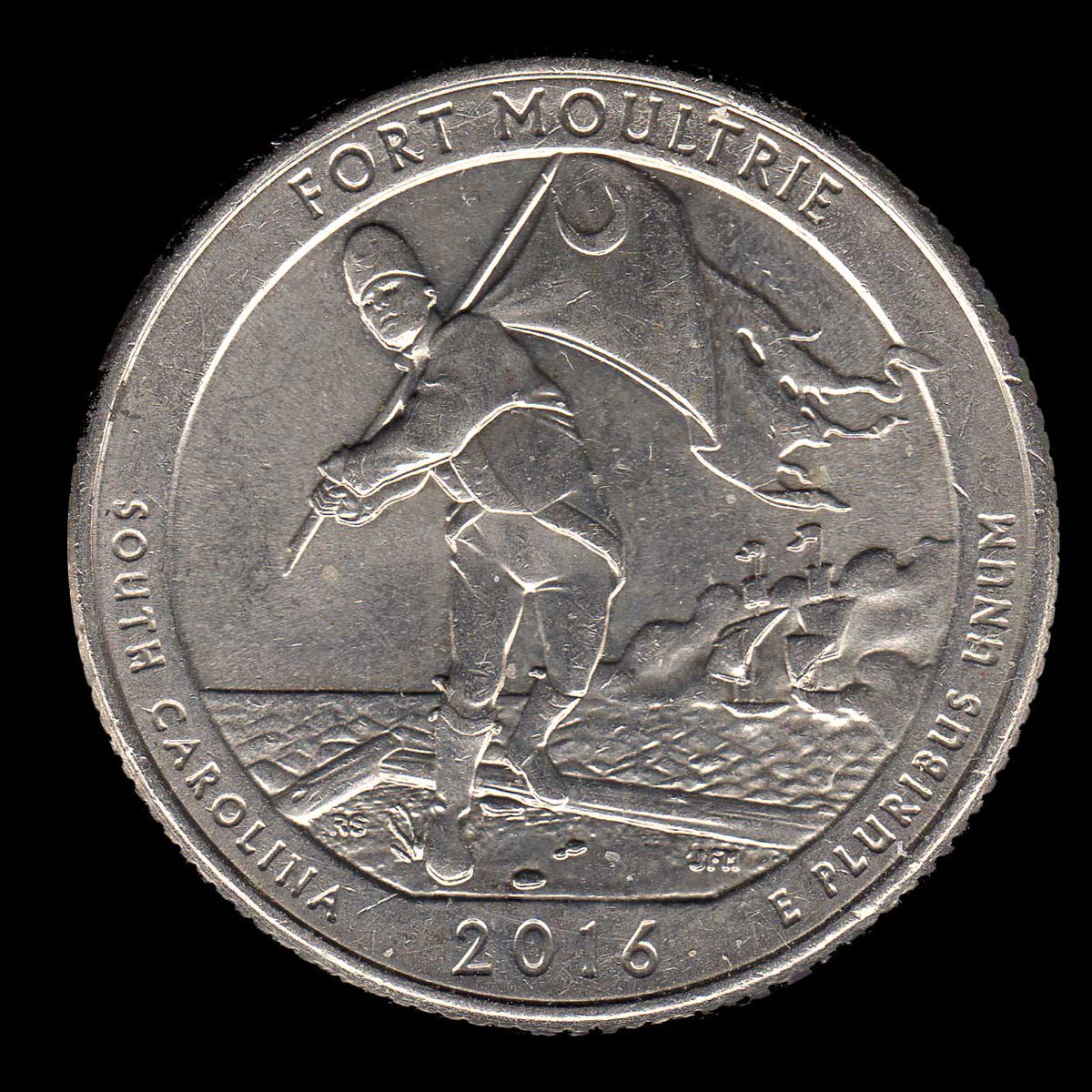 rocketdog632's tweet photo. A US quarter from 2016 minted in Denver. Has Sergeant William Jasper returning the distinctive flag commissioned by Colonel Moultrie in 1775. The fortification at Sullivan Island was not complete yet held off the British Navy. Designed by Richard Scott. #USA #Coins https://t.co/eJcJlzCoVX
