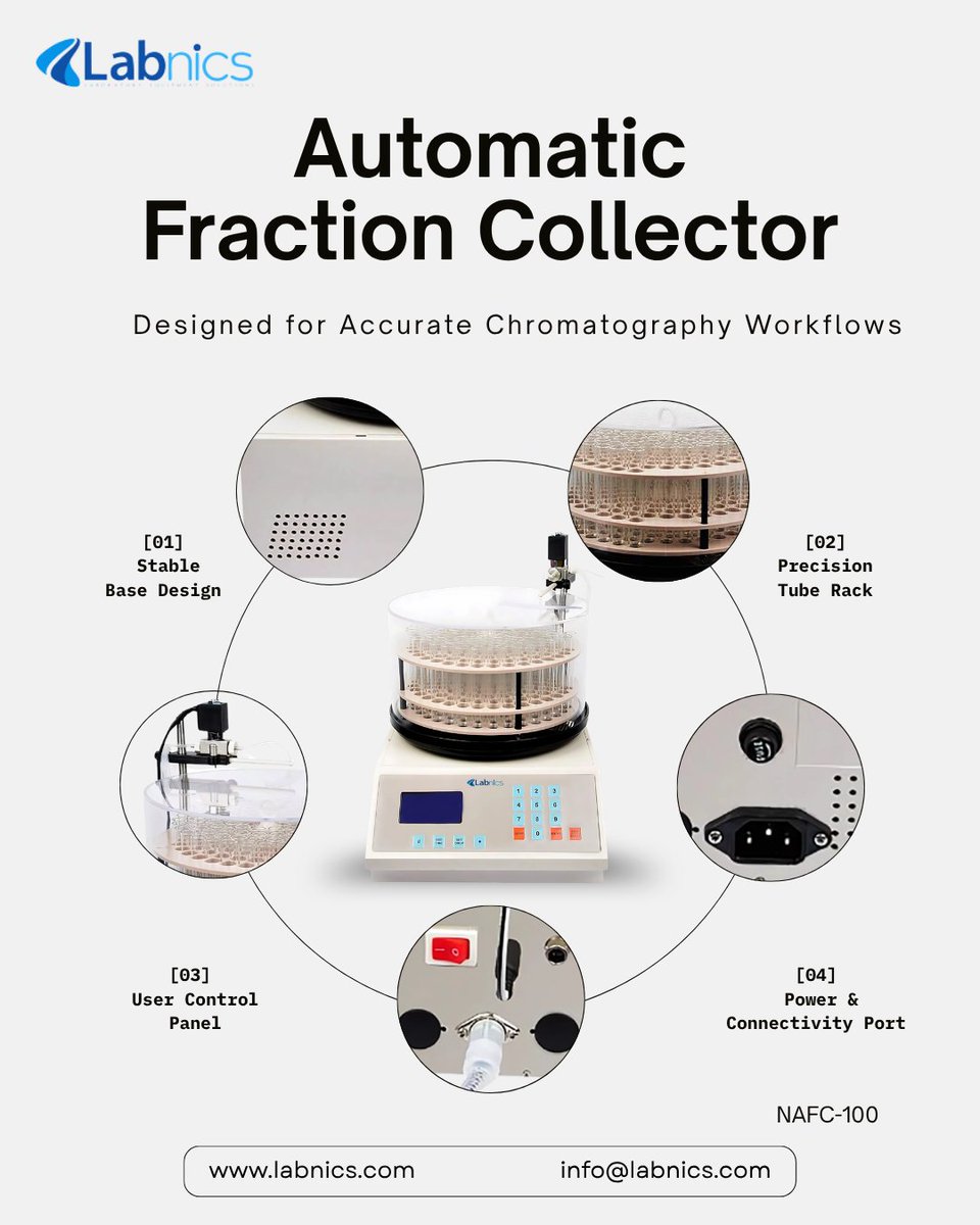 labnics's tweet photo. Fraction Collector NAFC-100 enables automated and efficient collection of chromatography fractions with stable and controlled operation.

info@labnics.com

Learn More: https://t.co/Ej92nos2qX

#Labnics #FractionCollector #Chromatography #LabEquipment #SampleCollection https://t.co/uXxXDQHO8G