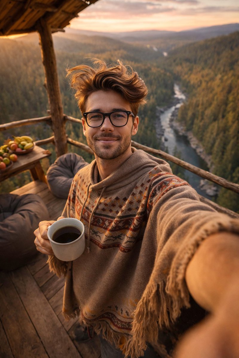 Image created on gpt 1.5on chatgpt 
Prompt:
Create a hyper-realistic portrait of a one-handed half-body selfie of a man (uploaded photo) in an open treehouse towering above a forest. With windblown hair he is wearing a light brown poncho sweater with an ethnic motif.
The photo is