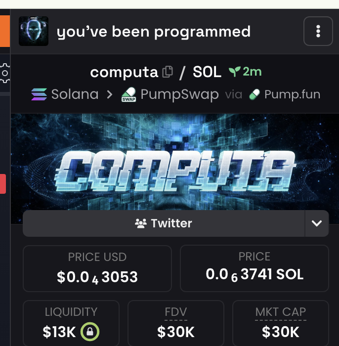 chinapumprocket's tweet photo. $computa

In a world driven by modern conveniences, most people are slowly turning into robots… and you’ve already been programmed.

Watch your entry / nfa + dyor

CA:DMAhb8YpH9pc5Czt92n3KszDH2GXRMGZrfkVV7oqpump

Chart: https://t.co/XrWElHhyB6 https://t.co/CdPJ00YhZW