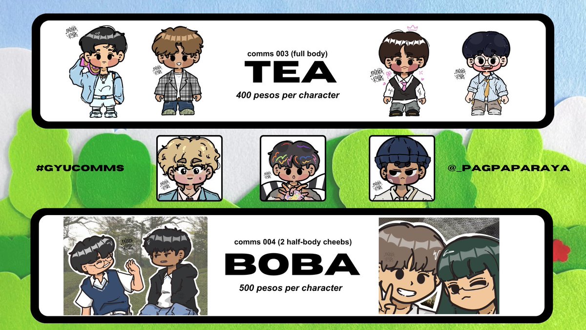_pagpaparaya's tweet photo. [#gyupdate 🎪]

#gyucomms is back for april and here's my updated commission sheet!

you may commission me via vgen (highly appreciated) or dm

carrd: https://t.co/kl5GuQ0Vuj
vgen: https://t.co/bypvzMabYl

#artcomms #commission #artph #art #pagpaparaya https://t.co/qJjrue2AjI