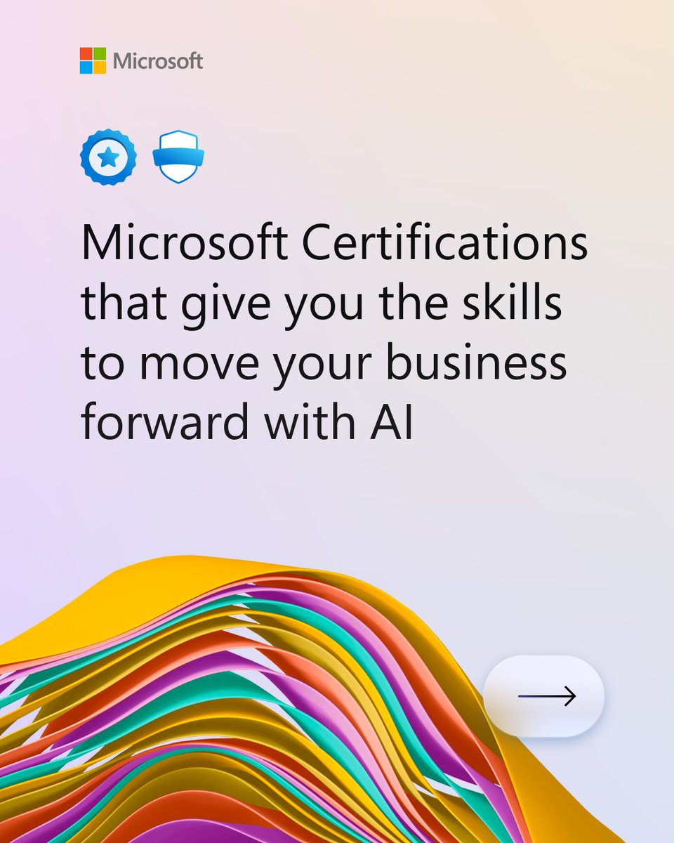 MicrosoftLearn's tweet photo. AI is now embedded across every part of an organization. Show you’re ready to meet this moment, validating practical, job‑ready skills from security and sales to daily operations.

Explore Microsoft Certifications available today (with more coming soon!), and get started with free self-paced training, practice assessments, and additional exam readiness resources.

See which Certification works for you: https://t.co/npgjFmQoei