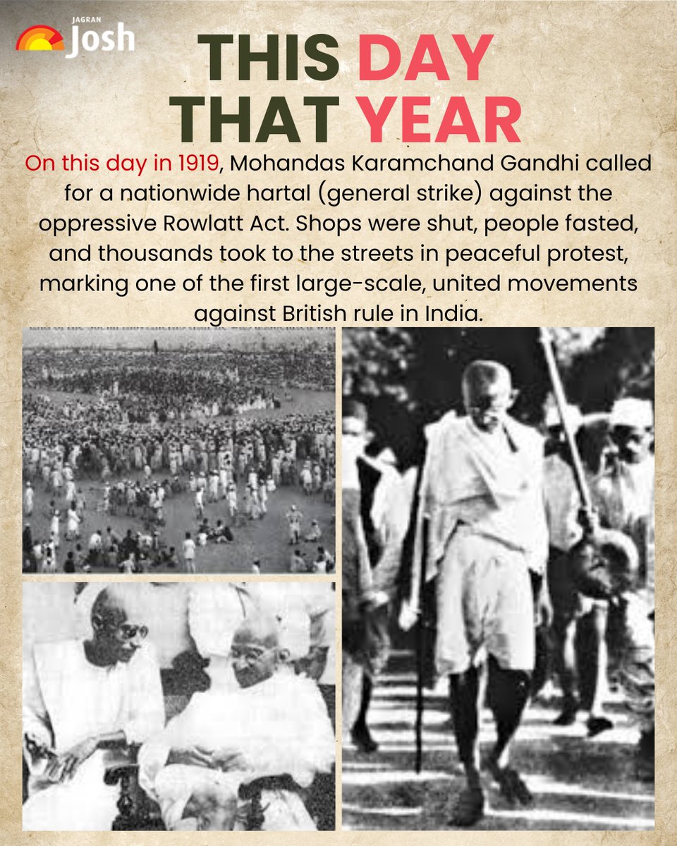Jagranjosh's tweet image. On April 6, 1919, Mahatma Gandhi called for a nationwide hartal against the Rowlatt Act, uniting Indians in peaceful protest and marking a key moment in the freedom struggle.

#OnThisDay #April6 #Gandhi #RowlattAct #IndianHistory #FreedomStruggle #Satyagraha #HistoryFacts