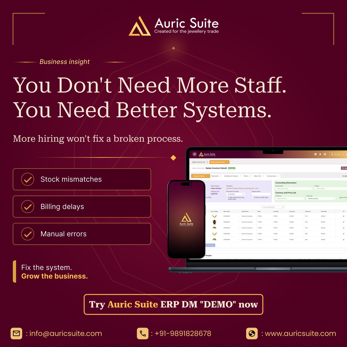 auricsuite's tweet photo. You don’t need more staff. You need better systems.

@auricsuite helps you fix inefficiencies and scale smarter 

✔ Reduce stock mismatches
✔ Faster billing
✔ Minimize manual errors
✔ Real-time business insights

Fix the system. Grow the business.

#AuricSuite #ERP https://t.co/XbbmRu5ZfA
