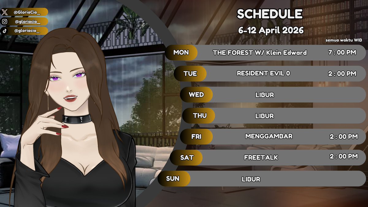 GloriaCia_'s tweet photo. 【🍂 Weekly Schedule! 】06 - 12 Maret 2026
🔶General : #GloriaPatricia
🔶 Live : #Gloriliveuy
🔶 Art : #Gloriillust
🔶 Clip : #ClipLeci
🔶 Meme : #MemGlor
🔶 NSFW : #GlorWah
🔶Shipper: #LeCiper
🔶Kamis Horror: #Lecimirror
🔶Ngobrol santuy: #Gloramble
#vtuber #vtuberid https://t.co/vBtIxSzQu7