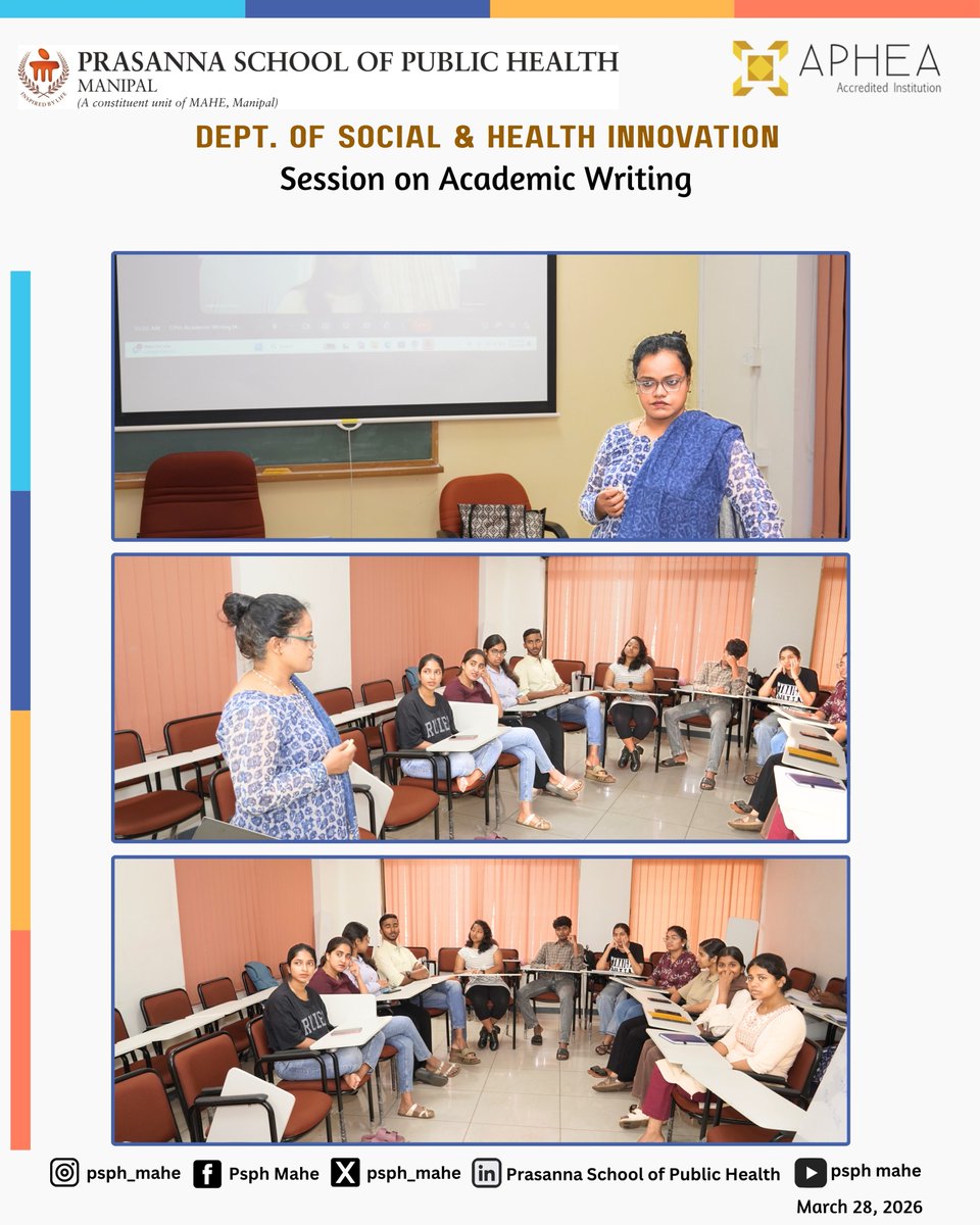 psph_mahe's tweet image. The Department of Social and Health Innovation #DSHI #PSPH, Manipal organised a session on #AcademicWriting
Speaker: Dr Keerty Nakray, Founder, Organisation for Research and Education on Social Policy
#ResearchSkills #MAHE #FacultyDevelopment