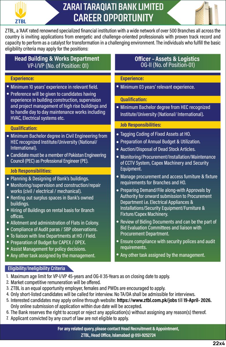 Zarai Taraqiati Bank Limited is hiring!
Join a dynamic team driving growth and innovation in Pakistan’s financial sector. Explore exciting career opportunities and take the next step in your professional journey.
Apply now and be part of a transformative future.
#ZTBL