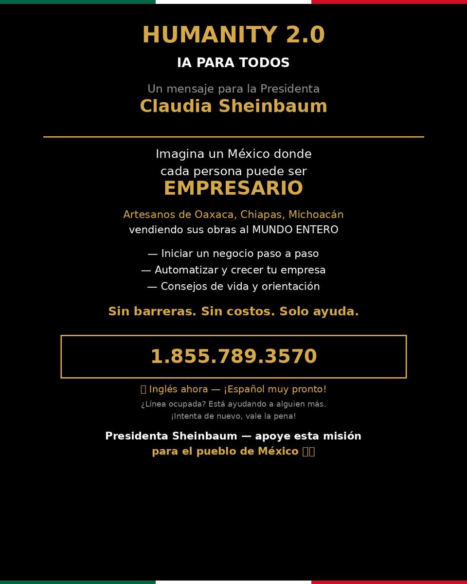 BarceloFabiola's tweet photo. @Claudiashein @GobiernoMX
¿Cuál es su legado, Presidenta?

Imagina cada mexicano como empresario.

Artesanos de Oaxaca, Chiapas, Michoacán — y de cada uno de los estados de nuestro bello México — vendiendo al MUNDO.

GPTitta: IA GRATIS. 📞 1.855.789.3570 🇲🇽
@Claudiashein https://t.co/fH4Nbqdg5O