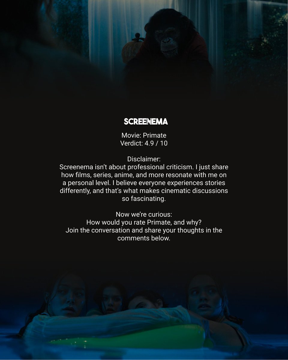ScreenemaRevs's tweet photo. How would you rate Primate? Share your thoughts below!
#FilmReview #MovieReview #Primate #FilmCritique #MovieDiscussion https://t.co/yolXjVTJUT