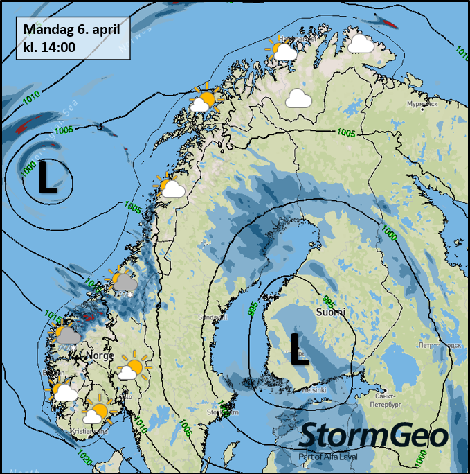 StormGeoWeather's tweet photo. Mandag perioder med sol i Nord-Norge, men øst i Finnmark kan hende litt snø. I Sør-Norge nordvestlig opp i kuling med regn- og sluddbyger, snøbyger i høyden, men østafjells oppholdsvær og en del sol. Etterhvert opphold også på Vestlandet sør for Stad. #stormgeoweather https://t.co/j7VIjJpGJ0