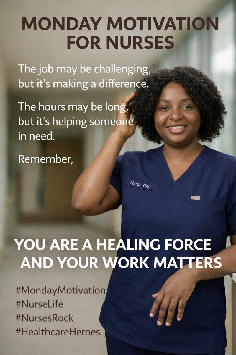 OlufisayoN's tweet photo. If this lands on your TL as a nurse… ❤️
The job may be challenging, but it’s making a difference.
The hours may be long, but it’s helping someone in need.
Remember,
YOU ARE A HEALING FORCE AND YOUR WORK MATTERS.
#MondayMotivation #NurseLife #NursesRock #NurseOlu https://t.co/ncMG4BipuU