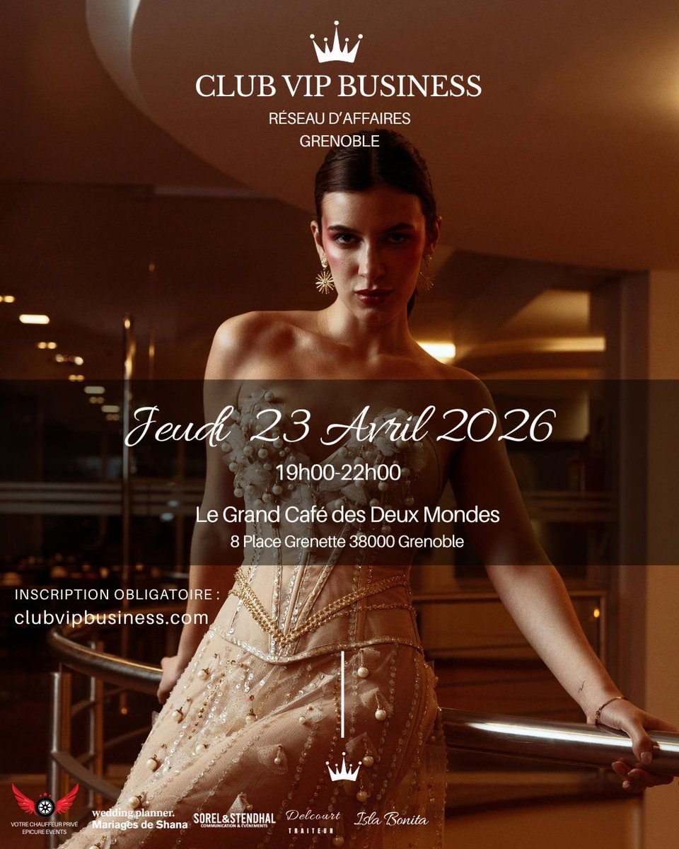 HeleneTavelle's tweet image. 🚨 Alerte soirée networking à Grenoble 

➡️ Club VIP Business Grenoble
Jeudi 23 Avril 19h Le Grand Café des Deux Mondes 8 Place Grenette 38000 Grenoble
🎟 Non adhérents prenez votre billet ici eventbrite.fr/e/club-vip-bus…
✍️ contact@clubvipbusiness.com

#clubvipbusiness #reseautage