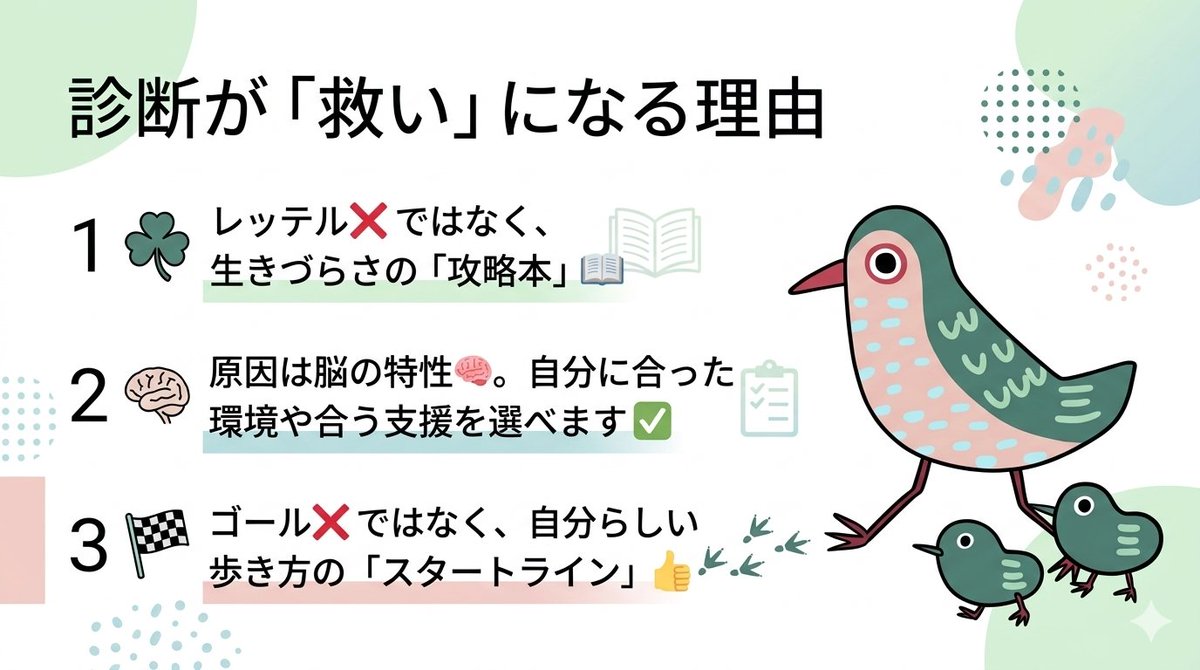 hajimenoipo's tweet image. 診断が「救い」になる理由☘
ADHDやASDの診断は自分を責めるレッテルではなく、生きづらさの「攻略本」を手に入れること。
原因が脳の特性だと分かれば自分に合った環境や支援を選べます。
診断はゴールではなく自分らしい歩き方を始めるためのスタートライン👍
#A型事業所 #ADHD #ASD