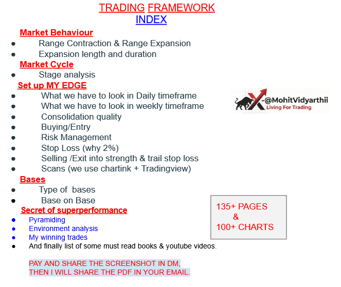 MohitVidyarthii's tweet photo. 90% traders lose money because they don’t have a framework.
 I built mine after years of trial & error. 
Now sharing everything in 1 E-Book 
This is NOT theory — it’s exactly how I trade:  

✔ Stock selection 
✔ Stage analysis
✔ Entries 
✔ Risk management 
✔ Position sizing
✔ scans
✔ Real winning setups 
✔ Pyramiding 
✔ Environmental analysis
 ✔ Selling into strength & weakness

135+ pages.  price--₹2999 ( for PDF) 
price FOR 1 on 1 mentorship- ₹ 12999  

DM me for more queries. 
 
#stockmarkets #sharemarket #StocksToBuy #nifty50 #Nifty #BreakoutStock #GIFTNIFTY #SwingTrading #Breakout #Sensex