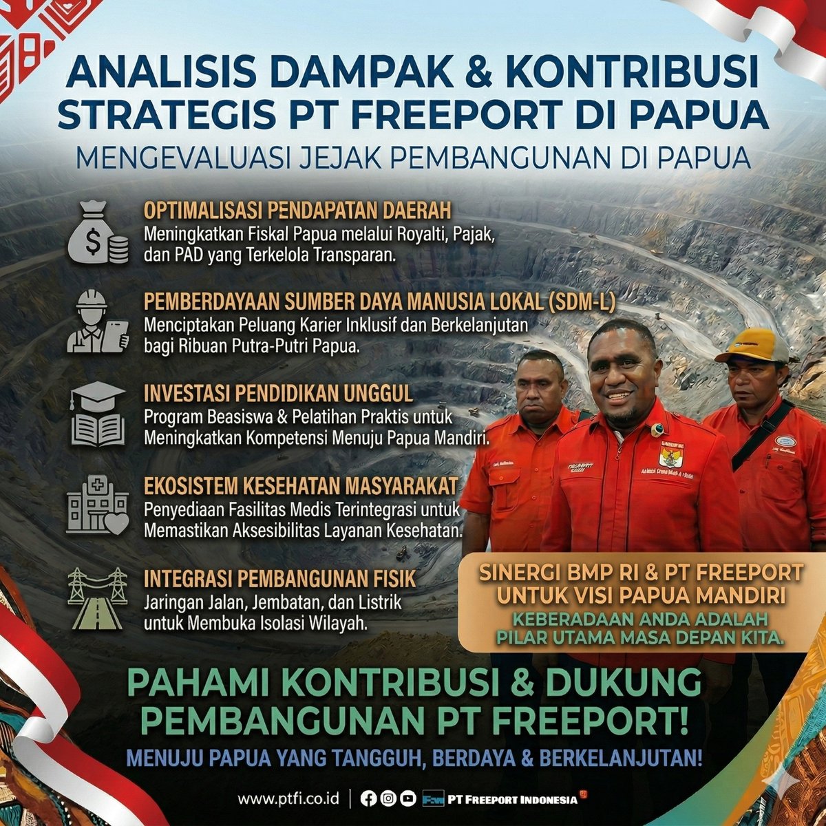 SatriaFikr59104's tweet image. Ribuan anak muda Papua kini memiliki keahlian kelas dunia berkat peluang di PTFI. Kami di BMP RI percaya, sinergi industri dan kearifan lokal adalah kunci kemajuan Bumi Cenderawasih! 🏗️🇮🇩 #SDMPapua #MajuBersama #FreeportIndonesia